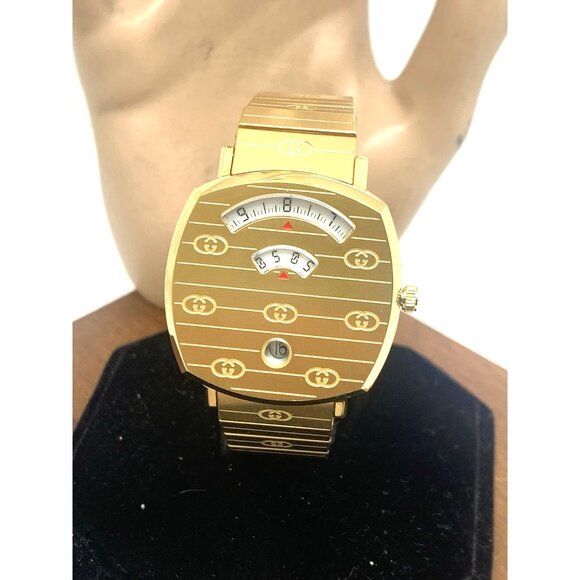 Gucci Unisex Watch YA157403 Grip Swiss Quartz Jump Hour Dial Gold Steel 35mm - Picture 1 of 14
